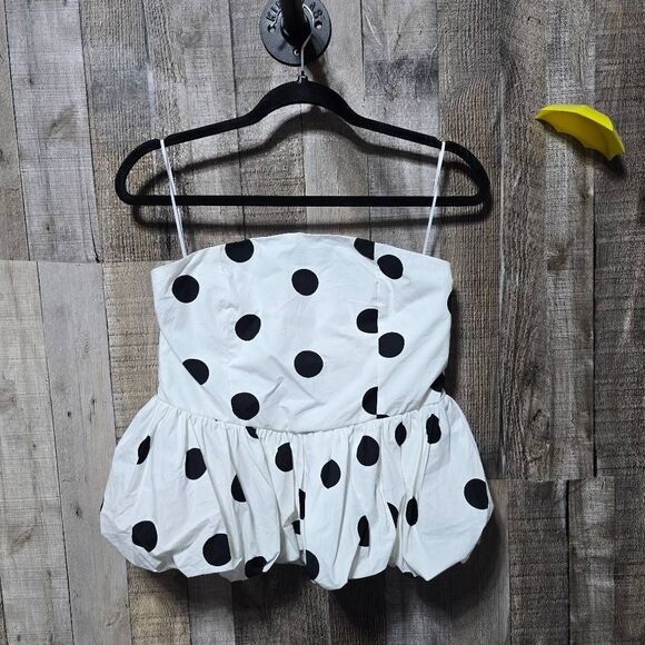 Blenca White and Navy Strapless Tube Polka Dot Peplum Top - Picture 1 of 4